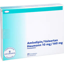 Abbildung: Amlodipin / Valsartan Heumann 10 mg / 160 mg Filmtabletten  28 St, Filmtabletten PZN 14214963