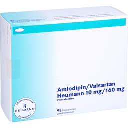 Abbildung: Amlodipin / Valsartan Heumann 10 mg / 160 mg Filmtabletten  98 St, Filmtabletten PZN 14214992