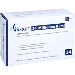 Abbildung: Granocyte 34 5 Tr.Subst. + 5 wasservorgef.Fertigspritze  5 St, Pulver u Lösungsm. z. Herst. e.Injektions- bzw. Infusionsl. PZN 14227121