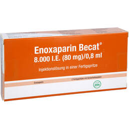 Abbildung: Enoxaparin Becat 8.000 I.E. 80mg / 0,8ml Injektionslösung FS 2 St, Injektionslösung in einer Fertigspritze PZN 14243812