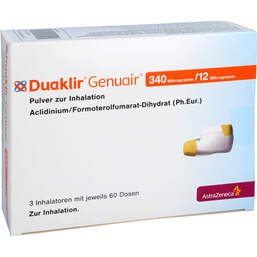 Abbildung: Duaklir Genuair 340 µg / 12 µg Pulver zur Inhalation 60ED 3 St, Inhalationspulver PZN 14252975