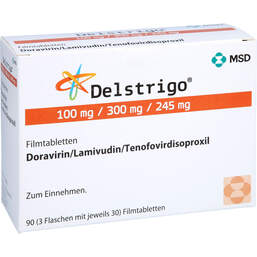 Abbildung: Delstrigo 100 mg / 300 mg / 245 mg Filmtabletten 90 St, Filmtabletten PZN 14260638
