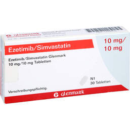 Abbildung: Ezetimib / Simvastatin Glenmark 10 mg / 10 mg Tabletten  30 St, Tabletten PZN 14266150