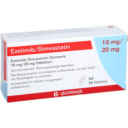Abbildung: Ezetimib / Simvastatin Glenmark 10 mg / 20 mg Tabletten  50 St, Tabletten PZN 14266196