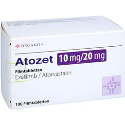 Abbildung: Atozet 10 mg / 20 mg Filmtabletten 100 St, Filmtabletten PZN 14270157