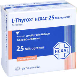 Abbildung: L-Thyrox Hexal 25 Mikrogramm Tabletten i.Kalenderpack. 98 St, Tabletten in Kalenderpackung PZN 14295105