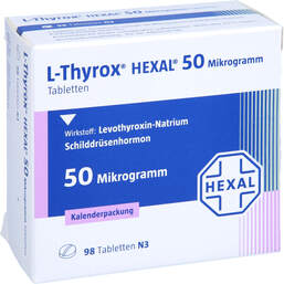 Abbildung: L-Thyrox Hexal 50 Mikrogramm Tabletten i.Kalenderpack. 98 St, Tabletten in Kalenderpackung PZN 14295111