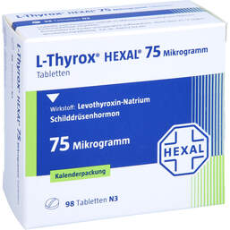 Abbildung: L-Thyrox Hexal 75 Mikrogramm Tabletten i.Kalenderpack. 98 St, Tabletten in Kalenderpackung PZN 14295128