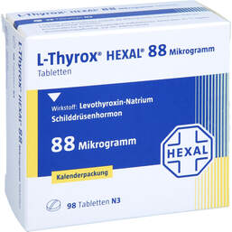 Abbildung: L-Thyrox Hexal 88 Mikrogramm Tabletten i.Kalenderpack. 98 St, Tabletten in Kalenderpackung PZN 14295134