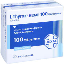 Abbildung: L-Thyrox Hexal 100 Mikrogramm Tabletten i.Kalenderpack. 98 St, Tabletten in Kalenderpackung PZN 14295163