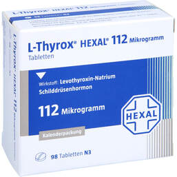 Abbildung: L-Thyrox Hexal 112 Mikrogramm Tabletten i.Kalenderpack. 98 St, Tabletten in Kalenderpackung PZN 14295186