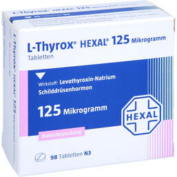 Abbildung: L-Thyrox Hexal 125 Mikrogramm Tabletten i.Kalenderpack. 98 St, Tabletten in Kalenderpackung PZN 14295192