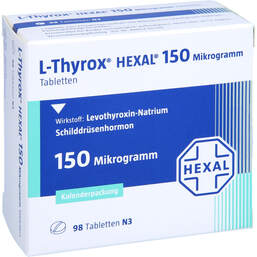 Abbildung: L-Thyrox Hexal 150 Mikrogramm Tabletten i.Kalenderpack. 98 St, Tabletten in Kalenderpackung PZN 14295200