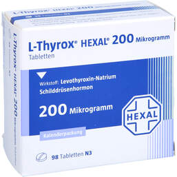Abbildung: L-Thyrox Hexal 200 Mikrogramm Tabletten i.Kalenderpack. 98 St, Tabletten in Kalenderpackung PZN 14295223