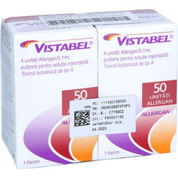 Abbildung: Vistabel 4 Allergan-E. / 0,1ml 2x50E. P.z.H.einer Injektionslösung 1 P, Pulver zur Herstellung einer Injektionslösung PZN 14307363