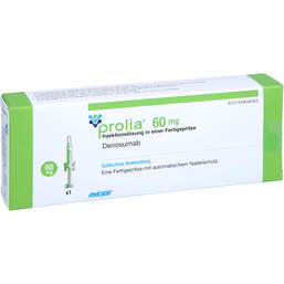 Abbildung: Prolia 60 mg Injektionslösung in einer Fertigspritze mit Ans 1 St, Injektionslösung PZN 14327213