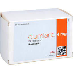 Abbildung: Olumiant 4 mg Filmtabletten 98 St, Filmtabletten PZN 14327621