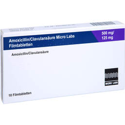 Abbildung: Amoxicillin / Clavulansäure Micro La.500mg / 125mg Fta 10 St, Filmtabletten PZN 14334360