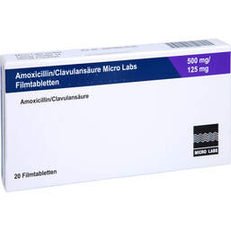 Abbildung: Amoxicillin / Clavulansäure Micro La.500mg / 125mg Fta 20 St, Filmtabletten PZN 14334377
