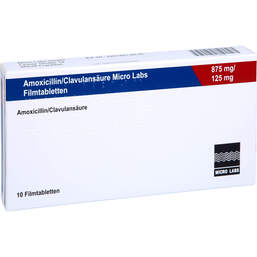 Abbildung: Amoxicillin / Clavulansäure Micro La.875mg / 125mg Fta 10 St, Filmtabletten PZN 14334383