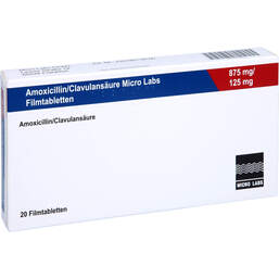 Abbildung: Amoxicillin / Clavulansäure Micro La.875mg / 125mg Fta 20 St, Filmtabletten PZN 14334414