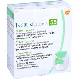 Abbildung: Incruse Ellipta 55 µg Einzeldosis Pulver zur Inhalation 30 ED 1 St, Inhalationspulver PZN 14336241