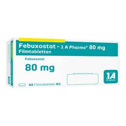 Abbildung: Febuxostat-1A Pharma 80 mg Filmtabletten 84 St, Filmtabletten PZN 14336991