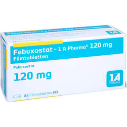 Abbildung: Febuxostat-1A Pharma 120 mg Filmtabletten 84 St, Filmtabletten PZN 14337022