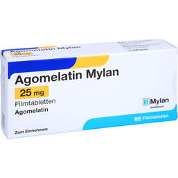 Abbildung: Agomelatin Mylan 25 mg Filmtabletten 98 St, Filmtabletten PZN 14338116