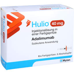 Abbildung: Hulio 40 mg / 0,8 ml Injektionslösung in einer Fertigspritze  6 St, Injektionslösung PZN 14338642