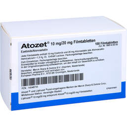 Abbildung: Atozet 10 mg / 20 mg Filmtabletten 100 St, Filmtabletten PZN 14348735