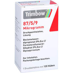 Abbildung: Trimbow 87 µg / 5 µg / 9 µg 120 Hub Druckgasinhalation 1 St, Dosieraerosol PZN 14356686