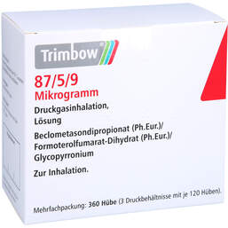 Abbildung: Trimbow 87 µg / 5 µg / 9 µg 120 Hub Druckgasinhalation 3 St, Dosieraerosol PZN 14356692
