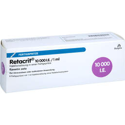 Abbildung: Retacrit 10.000 I.E. / 1,0 ml Injektionslösung in einer Fertigspritze  6 St, Fertigspritzen PZN 14357881