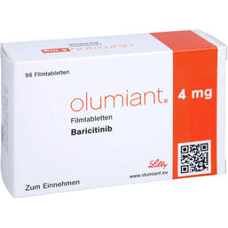 Abbildung: Olumiant 4 mg Filmtabletten 98 St, Filmtabletten PZN 14399164