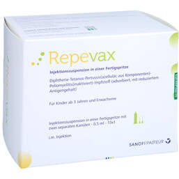 Abbildung: Repevax Injektion Suspension in einer Fertigspritze mit Kanüle 10X0.5 ml, Fertigspritzen PZN 14399224