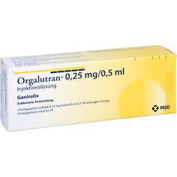 Abbildung: Orgalutran 0,25 mg / 0,5 ml Injektionslösung in einer Fertigspritze  1X5 St, Injektionslösung PZN 14399460