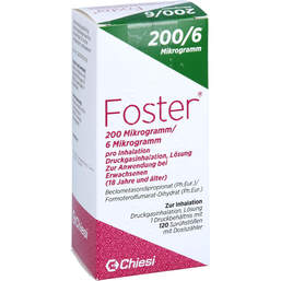 Abbildung: Foster 200 / 6 µg 120 Hub Dosieraerosol 1 St, Dosieraerosol PZN 14409750