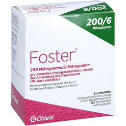 Abbildung: Foster 200 / 6 µg 120 Hub Dosieraerosol 2 St, Dosieraerosol PZN 14409767