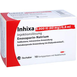 Abbildung: Inhixa 8.000 I.E. 80 mg / 0,8 ml Injektionslösung i.e.F.-Spr. 10 St, Injektionslösung in einer Fertigspritze PZN 14417755