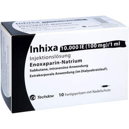 Abbildung: Inhixa 10.000 I.E. 100 mg / 1 ml Injektionslösung i.e.F.-Spr. 10 St, Injektionslösung in einer Fertigspritze PZN 14417761