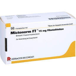 Abbildung: Mictonorm FT 15 mg Filmtabletten 98 St, Filmtabletten PZN 14419895