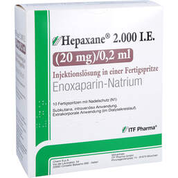 Abbildung: Hepaxane 2.000 I.E. 20 mg / 0,2 ml Injektionslösung F-Spr. 10 St, Injektionslösung in einer Fertigspritze PZN 14446188