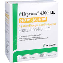 Abbildung: Hepaxane 4.000 I.E. 40 mg / 0,4 ml Injektionslösung F-Spr. 10 St, Injektionslösung in einer Fertigspritze PZN 14446194
