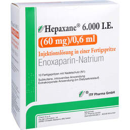 Abbildung: Hepaxane 6.000 I.E. 60 mg / 0,6 ml Injektionslösung F-Spr. 10 St, Injektionslösung in einer Fertigspritze PZN 14446202