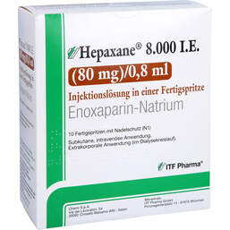 Abbildung: Hepaxane 8.000 I.E. 80 mg / 0,8 ml Injektionslösung F-Spr. 10 St, Injektionslösung in einer Fertigspritze PZN 14446219