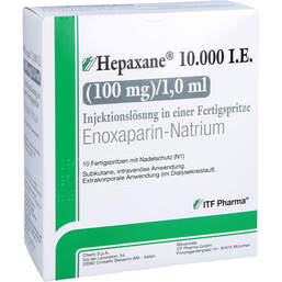 Abbildung: Hepaxane 10.000 I.E. 100 mg / 1,0 ml Injektionslösung F-Spr. 10 St, Injektionslösung in einer Fertigspritze PZN 14446231