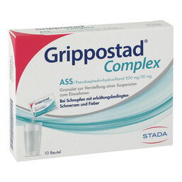 Abbildung: Grippostad Complex ASS / Pseudoephedrin 500 mg / 30 mg Granulat zur Herstellung einer Suspension zum Einnehmen, 10 St PZN 14820327