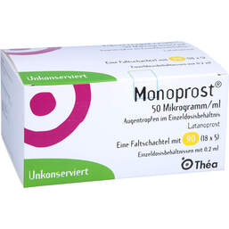 Abbildung: Monoprost 50 Mikrogramm / ml Augentropfenin Einzeldosen 90X0.2 ml, Einzeldosispipetten PZN 14852675
