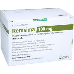 Abbildung: Remsima 100 mg Pulver für einer Konzentration zur Herstellung einer Infusionslösung  5 St, Pulver zur Herstellung eines Infusionslösungskonzentrates PZN 15253474
